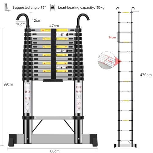 Telescopic Ladder 4.7m, Extendable Ladder Stainless Steel with Hooks, Height Adjustment, Convenient and Fast to Use 2 Telescopic Ladder 4.7m, Extendable Ladder Stainless Steel with Hooks, Height Adjustment, Convenient and Fast to Use - Image 2