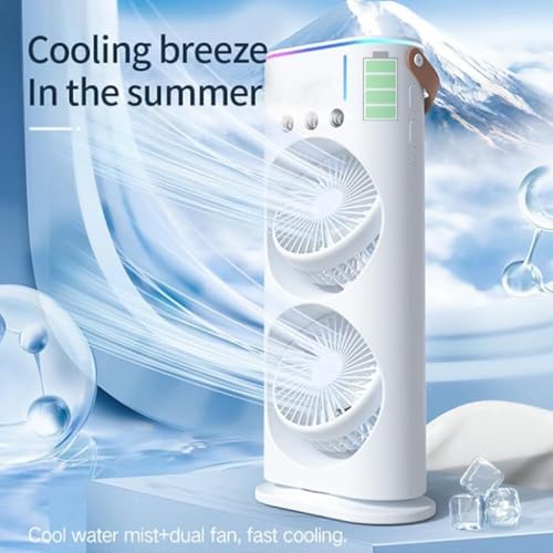 Image of Mini Cooler Double Ended Spray Fan, Cold Air, 2025 New 3 Gears USB Rechargeable Oscillating one with LED Light Cooler, Tower Air Coolers & Remote Control,Water Tank,Bedroom, Living Room.R36(B-White)