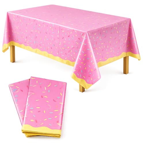 Image of BLUE PANDA 3-Pack (3 Tablecloths) Pink Donut Party Table Covers | Disposable Plastic Sprinkle Tablecloths | Waterproof Surface Protection Birthday Decorations for Kids - 54x108 in