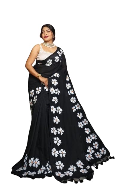 Piyari fashion Bengal traditional handloom cotton paint saree with blouse piece (Black)-image-3
