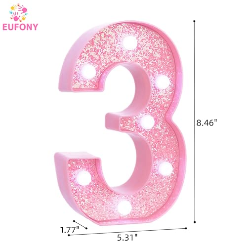 Image of Pink Light Up Marquee Numbers, Glitter LED Number Lights Signs Battery Operated for Girls 3rd 13th 23rd Pink Birthday Party Table Decorations, 8 Inch Tall Number 3 with Cool White Lights