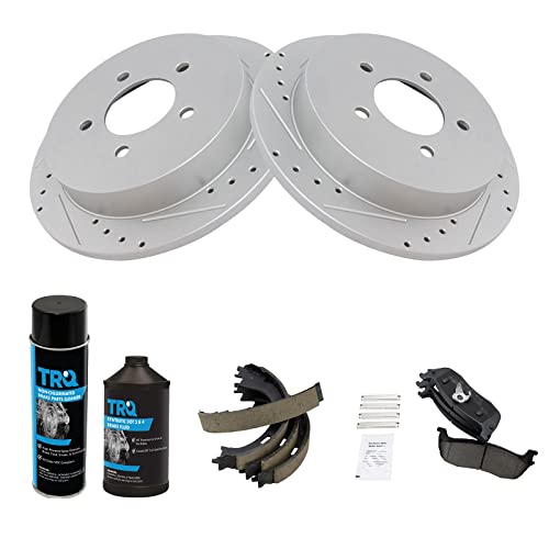 Image of TRQ Performance Rear Brake Pad & Rotor Kit Premium G-Coated Ceramic Slotted X Drilled Compatible with 97-02 Ford Expedition 99-03 F-150 2004 F-150 Heritage 2002 Lincoln Blackwood 98-02 Navigator