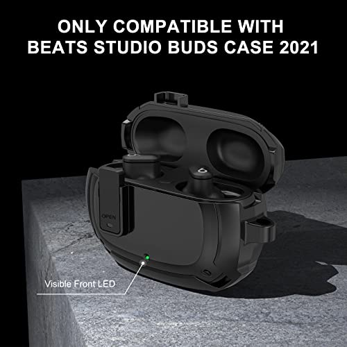 Beats Studio Buds Case Cover 2021, Secure Lock Hard Rugged Cool Shockproof Protective Case Cover For Beats Studio Buds Wireless Earbuds Case Accessories With Keychain Carabiner For Men Women, Black #TOP4