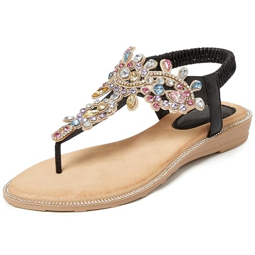iCKER Women Flat Thong Sandals Rhinestone Sparkly Boho-PD1-Black8