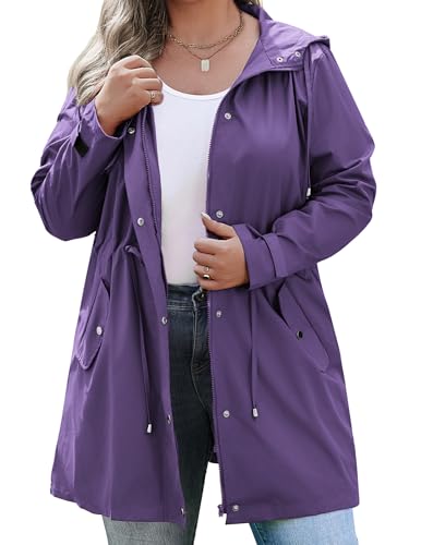 IN'VOLAND Plus Size Rain Jackets For Women Waterproof Rain Coats with Hood Lightweight Windbreaker Outdoor Trench Coat