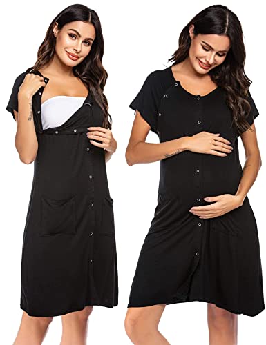 Image of Ekouaer 3 in 1 Nursing Dress Maternity Nightgown Labor/Delivery Breastfeeding Birthing Gown with Button