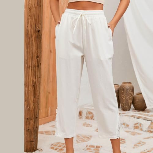 Firzero Capris Pants for Women High Waisted Cotton Linen Pants Casual Summer Lace Button Straight Leg Pants 20244