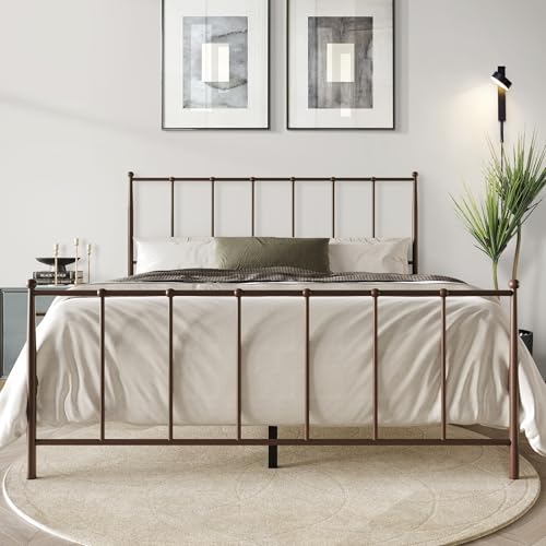 Castle Place Queen Vintage Spindle Metal Platform Bed with Ball Finials, Brown