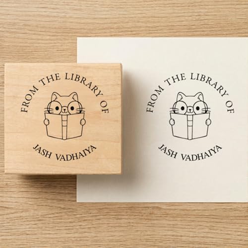 Image of Kunya Personalised Book Stamp with Your Name(3.5 cm Dia), customised for Stamping Books for Readers, Great Gift for booklovers, Kids, Teachers (Smart Cat)
