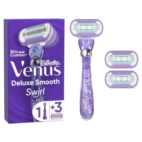 Gillette Venus Deluxe Smooth Swirl Rasierer Damen mit Feuchtigkeitsstreifen für Hautschutz, Damenrasierer + 3 Rasierklingen