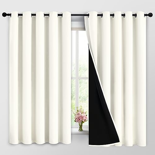 Image of Yakamok Cream 100% Blackout Curtains 63 Inches Long for Bedroom 62 inch Wide | Blackout Curtain Panels for Bedroom, 2 Thick Layers Grommet Top Thermal Insulated Drapes with Black Liner for Living Room