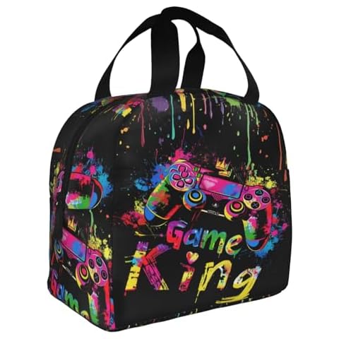 Yudchen Video Game Lunch Box Cartoon Gamer Insulated Lunch Bag for Women Men Reusable Cooler Abstract Banksy Game Controller Lunch Tote Bag with Front Pocket for Hiking Picnic Travel Office, gaming Cover