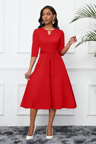 Image of CLOCOR Midi Dresses for Women Casual A-Line Fit and Flare Dress Crewneck 3 /4 Sleeve Keyhole Cocktail Party Church Dress