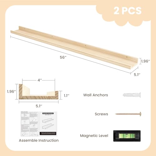Fun Memories Picture Ledge Shelf, Pine Wood Floating Shelves Set of 2, 55 inch Nursery Book Shelves, Photo Ledge Book Shelves Wall Mounted for Living Room Kids\' Room Bedroom - Natural