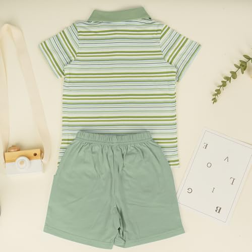 JiuBreeze Toddler Baby Boys Summer Short Sleeve Polo Shirts Set 2-piece Striped Outfits 18 Month-5T (Rainbow Green, 4-5T) — view 2