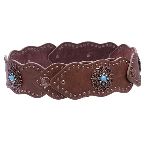 Women's 3" (75mm) Wide Boho Link Turquoise Silver Studded Leather Belt2