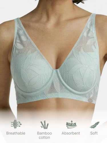 Image of Enamor Bamboo Cotton IB25, Women's Lace Plunge Bra - 3X Softer, 4X More Absorbent, Antimicrobial, Padded, Wirefree, High Coverage