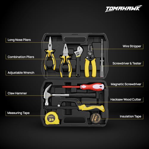 Image of TOMAHAWK ELE-1110 10-Piece Electrician Hand Tool Kit | 2 x Pliers, Hacksaw, Measuring Tape, Tester, Wire Stripper, Adjustable Spanner, Insulating Tape, 2 in 1 Screwdriver, Claw Hammer with Toolbox
