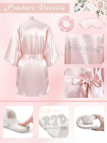 Image of Bonuci 24 Pcs Bride Bridesmaid Robe Slipper Sets for Wedding Bridal Party Women with Robes Slippers Eye Mask Hair Scrunchies