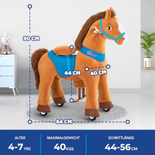 PonyCycle Pferd zum reiten, für Kinder 4–7 Jahre, 90cm Hoch, Reitpferd auf Rollen mit Handbremse, Schaukelpferd groß Rollen, Braunes Rollpferd, Basis Modell E - E437
