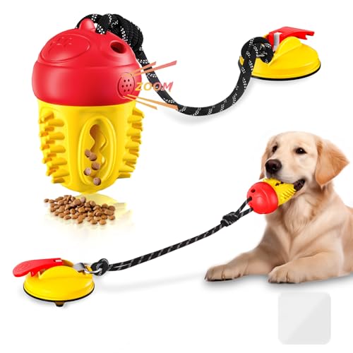 Duocharm Interactive Dog Toys Tug of War,Dog Puzzle Toy Squeaky for Medium Large Breed Mental Stimulation,Indestructible Food Dispensing Dog Toy to Keep Busy,Red Yellow