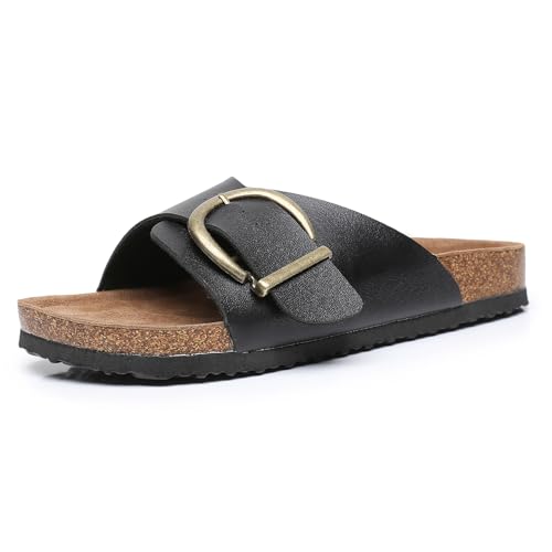 Image of WTW Women's Suede Cork Footbed Sandals Slide for Women with Arch Support | Comfortable Summer Sandals, Memory Foam Insole, Adjustable Buckle Beach Slip on Sandals for Travel and Everyday Wear