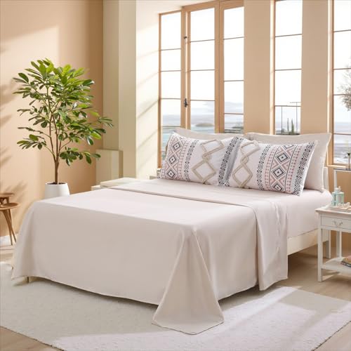 Image of MOVE OVER Beige Tufted Comforter Set Queen Size 7 Pieces Farmhouse Bedding Set Boho Aztec Comforter Set and Sheet Set Mid Century Boho Tufted Comforter Set for All Seasons