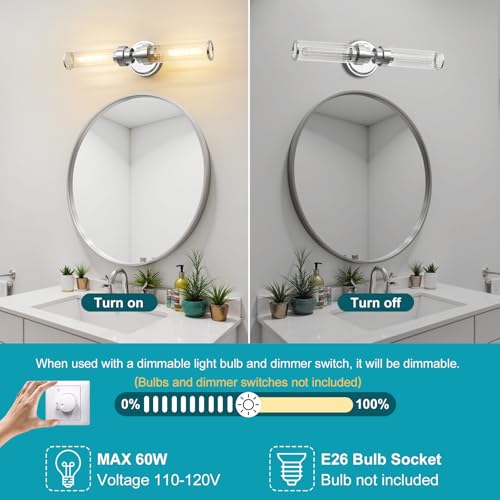 Image of Bathroom Light Fixtures, Chrome Wall Sconce in Threaded Glass Indoor Vanity Lights, Modern Bathroom Vanity Light Up and Down Sconces Wall Lighting for Bathroom, Living Room - Bulb Not Included