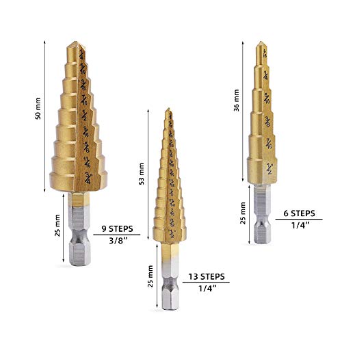 Aleric AMY-07 Step Drill Bit Set - Titanium Coated, High Speed Steel Drill Cone Bits For Sheet Metal Hole Drilling Cutting thumb #2