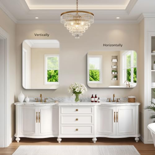 Image of DESBING 40 inchx30 inch Bathroom Mirror for Over Sink, Silver Framed Wall Mirror | High-Definition Shatterproof Vanity Mirror with Rounded Corner for Bedroom Living Room Entryway Horizontally or Vertically