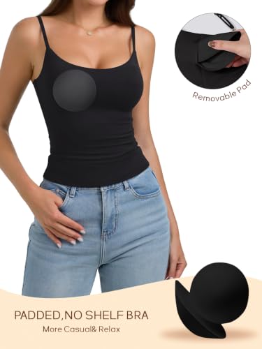 Image of PINKMSTYLE Camisole for Women Adjustable Strap Padded Tank Top Black XL | Double Lined,Not See-Through,Soft Stretch,Built-In Bra,Everyday Essential