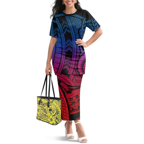 Image of Puletasi Samoan Traditional 2 Piece Outfits for Women Short Sleeve Crop Top and Maxi Skirt Sets Puletasi Dress