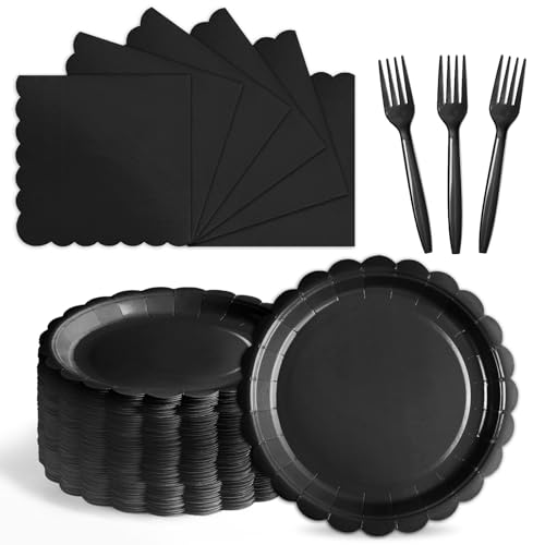 Tyzarglef 105PCS Paper Plates and Napkins Set 7 Inch Scalloped Disposable Tableware with Forks for Birthdays Garden Parties & Outdoor Events Serves 35 (Black)