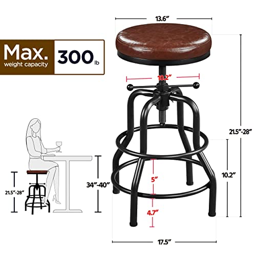 Yaheetech Industrial Bar Stool Vintage Counter Height Stool With Round Faux Leather Seat Metal Stool Adjustable Kitchen Stool 21.5-28 Inch Tall Brown, 1Pcs #TOP2