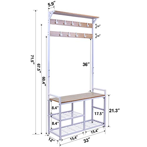 Homekoko Coat Rack Shoe Bench, Hall Tree Entryway Storage Bench, Wood Look Accent Furniture With Metal Frame, 3-In-1 Design (Oak & White) #TOP2