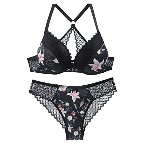 Women Push Up Bra and Panty Sets Floral Lace Cross Back Underwire Bras Lingerie Set Sexy Matching Bras Set Black Size 40C Women Push Up Bra and Panty Sets Floral Lace Cross Back Underwire Bras Lingerie Set Sexy Matching Bras Set Black Size 40C