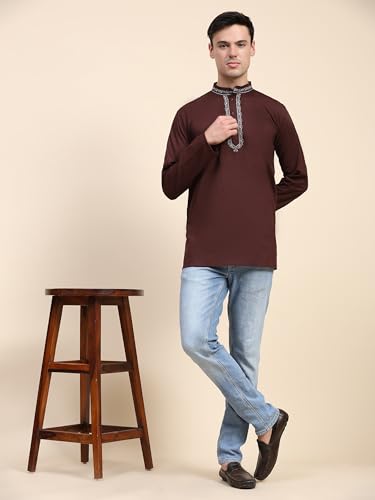 Image of SKAVIJ Men's Cotton Embroidered Kurta Shirt - Long Sleeve Traditional Indian Tunic for Casual