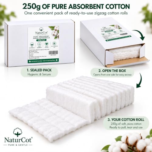 Image of Premium Absorbent Cotton Zig Zag Roll (250g Net Weight without paper) | Soft & Highly Absorbent | Coreless & Pure Cotton for Makeup Removal, Baby Care, Skincare & Everyday Wellness (No Paper Tube) (1, 250 gram)