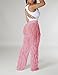 Women High Waist Sexy See Through Ruffle Wave Wide Leg Palazzo Pants Stretchy Tassel Long Sheer Mesh Trousers Pink
