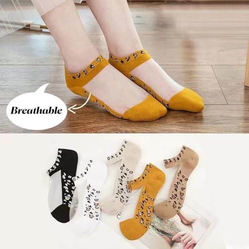 Image of Women Sheer Mesh Ankle Socks Thin Nylon Transparent Novelty Leopard Sock 5 Pack for Girls