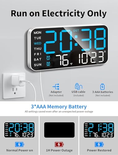 Image of Digital Wall Clock, LED Alarm Clock with Day & Date, Temperature. 5-Level Brightness for Home Office, Bedroom, Living Room, Classroom, Modern Decor Design (8.4''x4.3'') (Blue)