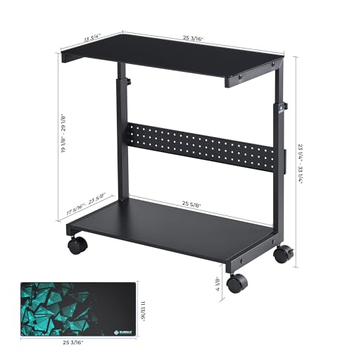 Image of EUREKA ERGONOMIC PC Stand Computer Cart Frosted Glass, Height Adjustable Tower Stand 2-Tier Suit for ATX Case Printer, Metal Rolling Cart on Wheels for Gaming Home Office, Black