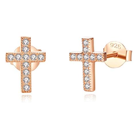Lavishe 14K Rose Gold Plated 925 Sterling Silver Cubic Zirconia Small Cross Stud Earrings Cover