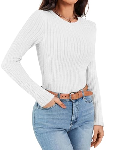 Ekouaer Womens Long Sleeve Tops Crew Neck Ribbed Tight Layering Basic Thermal Shirts Trendy Undershirts Fitted Sweaters White S
