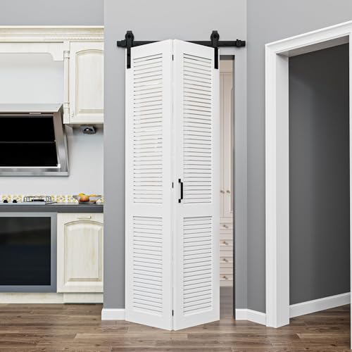 36" x 84" Louver Bifold Barn Door with Hardware Included, 40" Track Kit for 2 Folding Closet Doors, Pre-Assembled Solid Core Panel Bi-fold Barn Door for Pantry, Pre-Drilled Holes, Easy to Install