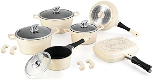 Royalty Line Set 15 Pieces Marble Induction Cooking Pot Pan Glass Lid Beige Cream Double Grill Pan 28 cm