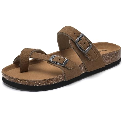 Torotto Boys Girls Sandals with Cork Footbed Adjustable Buckle Casual Flip Flops Sandals Open Toes Flat for Kids Toddler(JC610/Khaki,37)