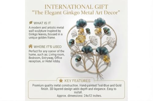 Image of SMILES GIFT Luxury Imported Wall Hanging | Abstract Metal Ginkgo Leaf Wall Decor | Sophisticated Large Hanging Sculpture for Living Room & Office