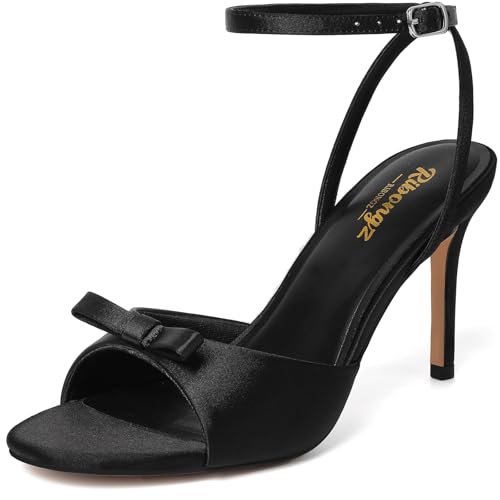 RIBONGZ Women's High Black Heels Round Open Toe Sexy Kitten Sandals Stiletto Heeled Pumps Ankle...