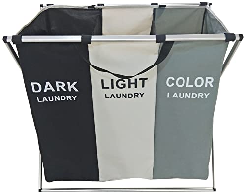 3 Section Laundry Basket for Dark, Light, and Color Clothes Hamper, Collapsible Design with Carry Handle, 26